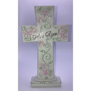 Easter Cross 7" Free Standing "He is Risen" Vines And Flowers Sparkling Resin